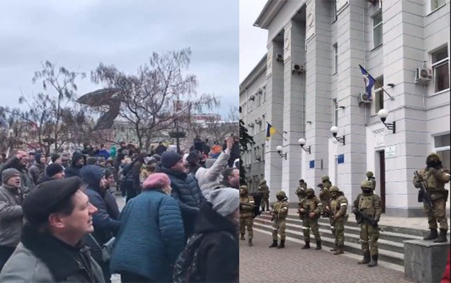 Ukraynalılar silahlı rus əsgərlərinə belə etiraz edirlər