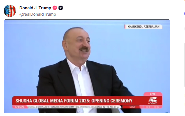 Tramp İlham Əliyevin çıxışını paylaşdı