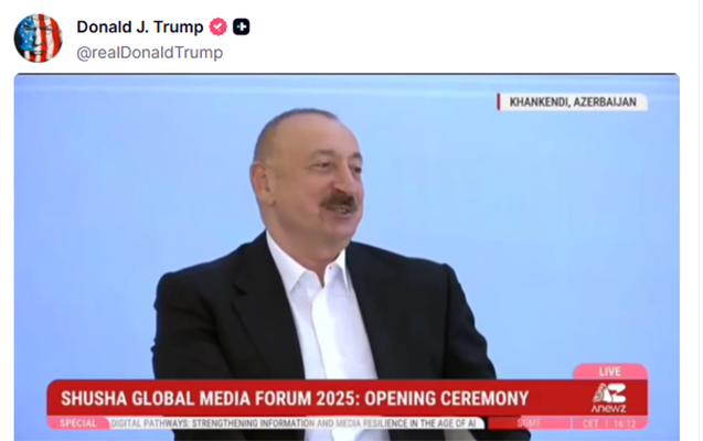 Tramp növbəti dəfə İlham Əliyevin çıxışını paylaşdı